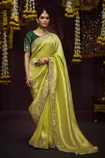 Embroidered stones thread green saree