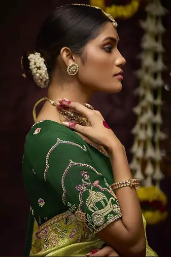 Green Kanjivaram silk blend Zari Weaving Embroidered Border Work saree
