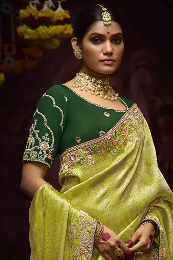 Green Kanjivaram silk blend Zari Weaving Embroidered Border Work saree