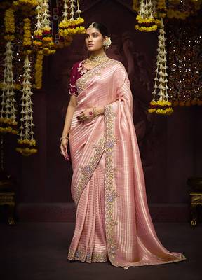 Rose Pink Kanjivaram silk blend Zari Weaving Embroidered Border Work saree 1