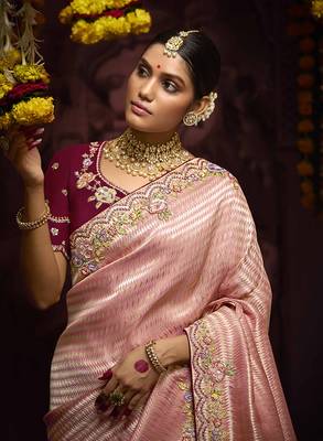 Rose Pink Kanjivaram silk blend Zari Weaving Embroidered Border Work saree 2