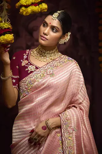 Rose Pink Kanjivaram silk blend Zari Weaving Embroidered Border Work saree