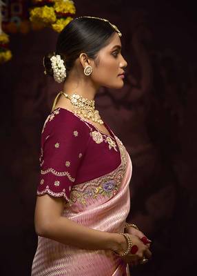 Rose Pink Kanjivaram silk blend Zari Weaving Embroidered Border Work saree 3