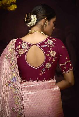 Rose Pink Kanjivaram silk blend Zari Weaving Embroidered Border Work saree 4
