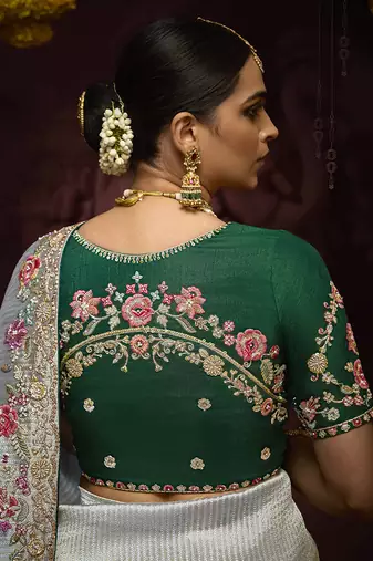 Grey kanjivaram silk blend Zari Weaving Embroidered Border Work saree