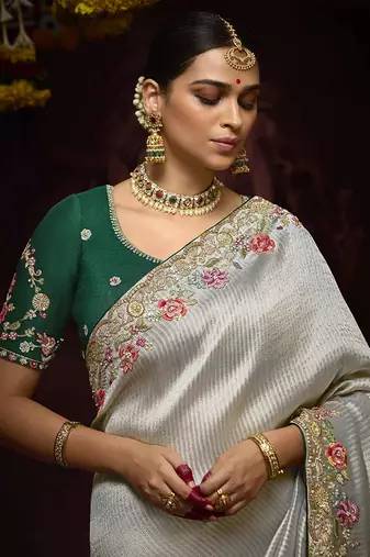 Grey kanjivaram silk blend Zari Weaving Embroidered Border Work saree