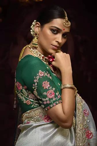 Grey kanjivaram silk blend Zari Weaving Embroidered Border Work saree