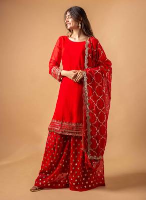 Red embroidered georgette Kurta suit 1