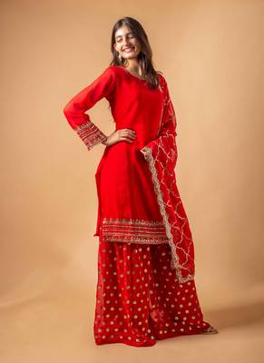 Red embroidered georgette Kurta suit 2