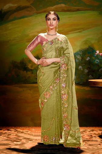 Olive green embroidered tissue saree