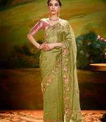 Olive green embroidered tissue saree