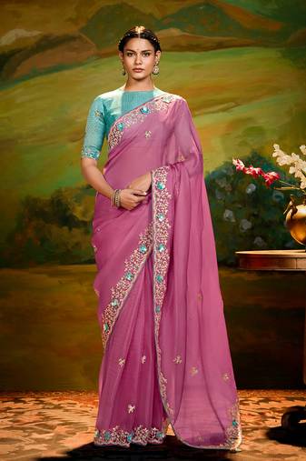 Onion pink embroidered tissue saree