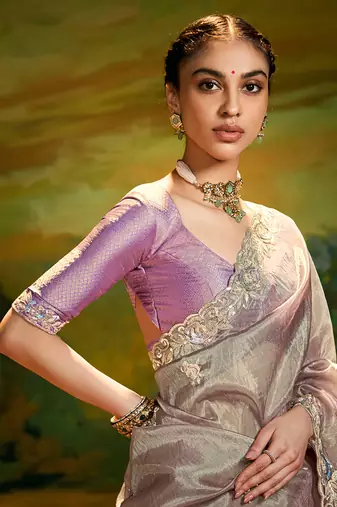 Grey embroidered tissue saree