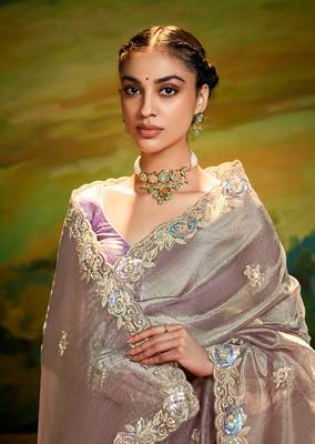 Grey embroidered tissue saree 3