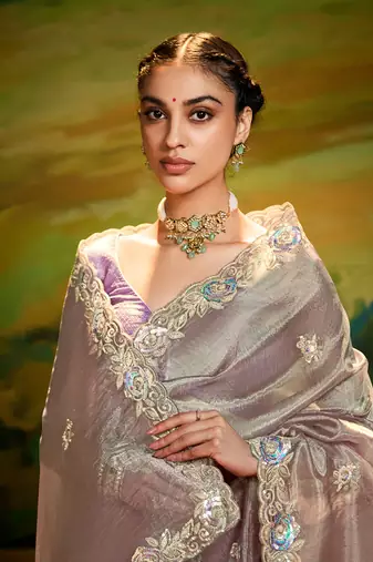 Grey embroidered tissue saree