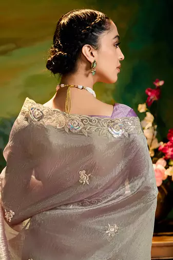 Grey embroidered tissue saree