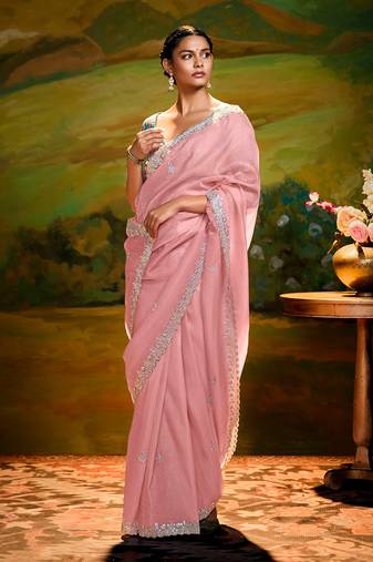 Pink embroidered tissue saree