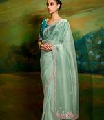 Sea green embroidered tissue saree