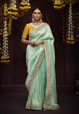 Aqua blue kanjivaram silk blend Zari Weaving Embroidered Border Work saree 1