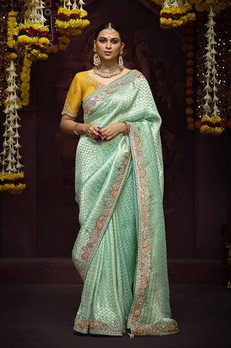 Aqua blue kanjivaram silk sangeet saree