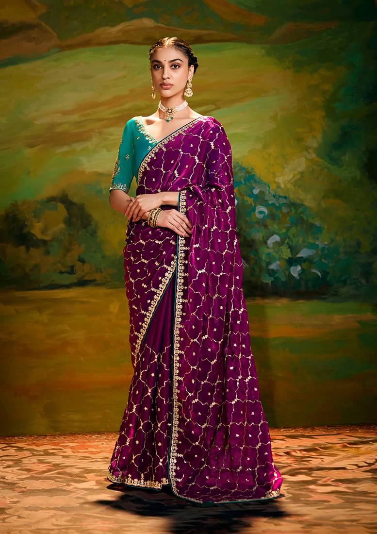 Wine embroidered tissue saree