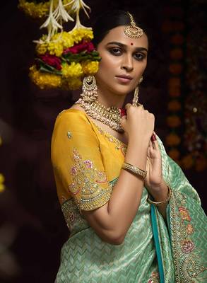 Aqua blue kanjivaram silk blend Zari Weaving Embroidered Border Work saree 4