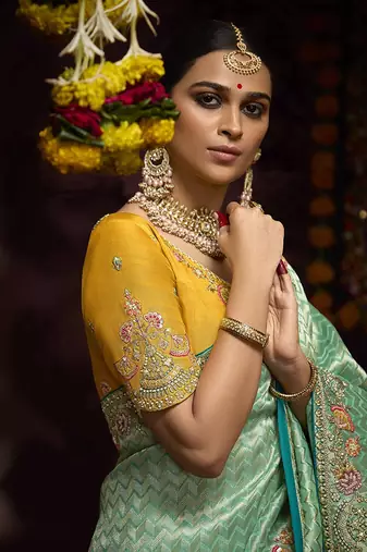 Aqua blue kanjivaram silk blend Zari Weaving Embroidered Border Work saree