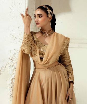 Plain Gold Silk Blend Lehenga With Embroidered Dupatta 2