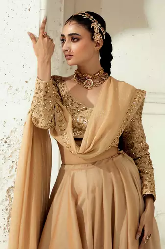 Plain Gold Silk Blend Lehenga With Embroidered Dupatta