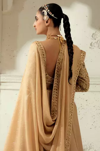 Plain Gold Silk Blend Lehenga With Embroidered Dupatta