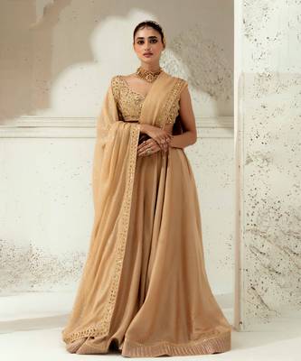 Gold Silk Blend Plain Lehenga With Embroidered Dupatta 1
