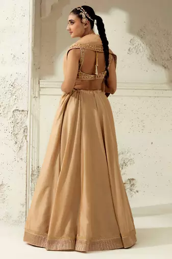 Gold Silk Blend Plain Lehenga With Embroidered Dupatta