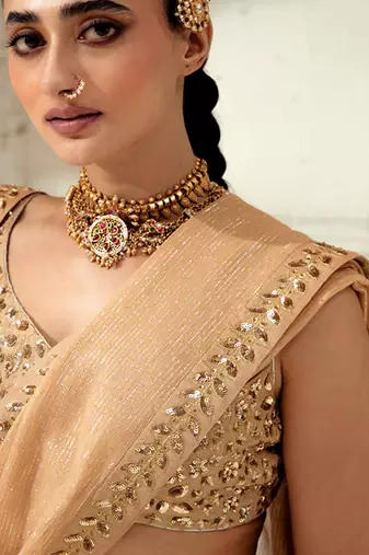 Gold Silk Blend Plain Lehenga With Embroidered Dupatta
