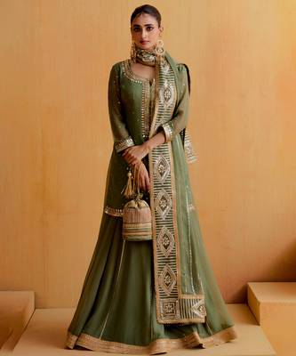 Olive Georgette Gota Dori Embroidered Lehenga 1