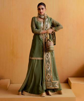 Olive Georgette Gota Dori Embroidered Lehenga 2