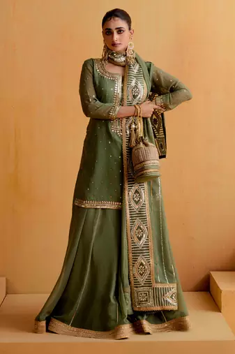 Olive Georgette Gota Dori Embroidered Lehenga