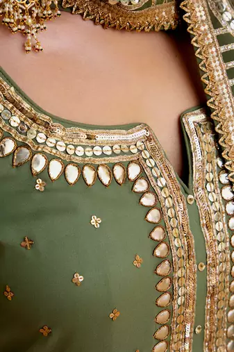 Olive Georgette Gota Dori Embroidered Lehenga