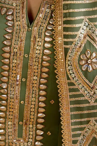 Olive Georgette Gota Dori Embroidered Lehenga