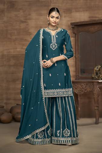 Teal blue embroidered chinon readymade salwar suit
