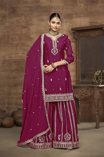 Rani pink embroidered chinon readymade salwar suit