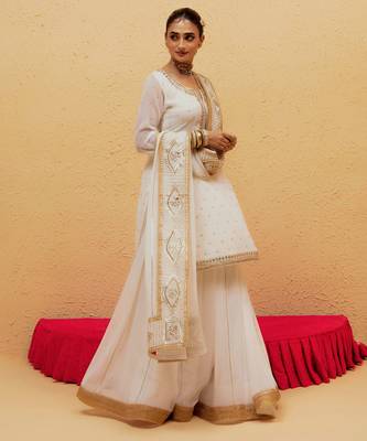 White Georgette Gota Dori Embroidered Lehenga 1