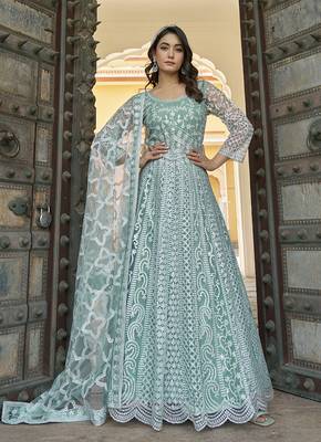 Embroidered net aqua blue anarkali  gown 1
