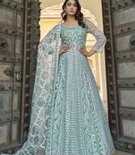 Embroidered net aqua blue reception designer gown