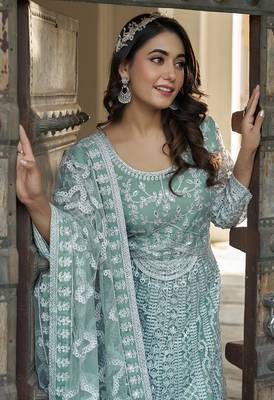 Embroidered net aqua blue anarkali  gown 2