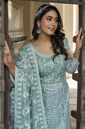 Embroidered net aqua blue anarkali  gown
