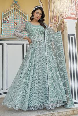 Embroidered net aqua blue anarkali  gown 3