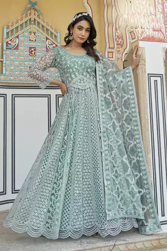 Embroidered net aqua blue anarkali  gown