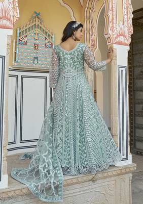 Embroidered net aqua blue anarkali  gown 4