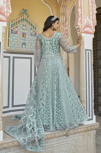 Embroidered net aqua blue anarkali  gown