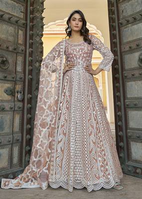 Embroidered net dusty peach anarkali  gown 1